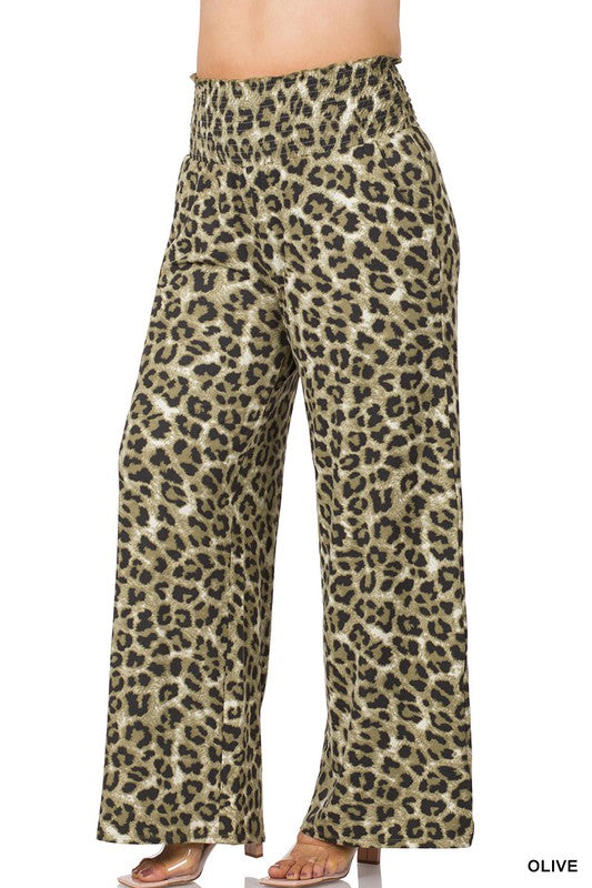 PANTS OLIVE  .  PLUS BRUSHED DTY LEOPARD SMOCKED LOUNGE PANTS OLIVE