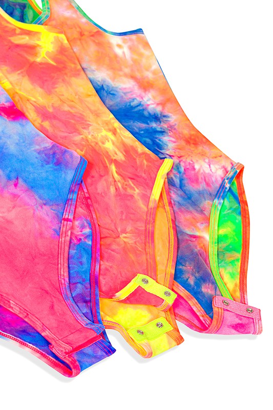 BODYSUIT  .  BRUSHED DTY TIE DYE RACERBACK TANK BODYSUIT NEON YELLOW/PINK