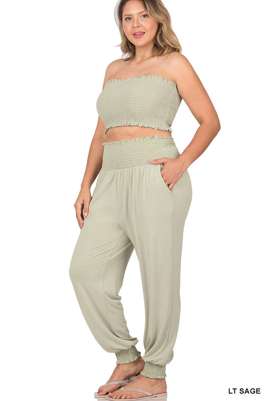 PLUS SMOCKED TUBE TOP & JOGGER PANTS Lt Sage