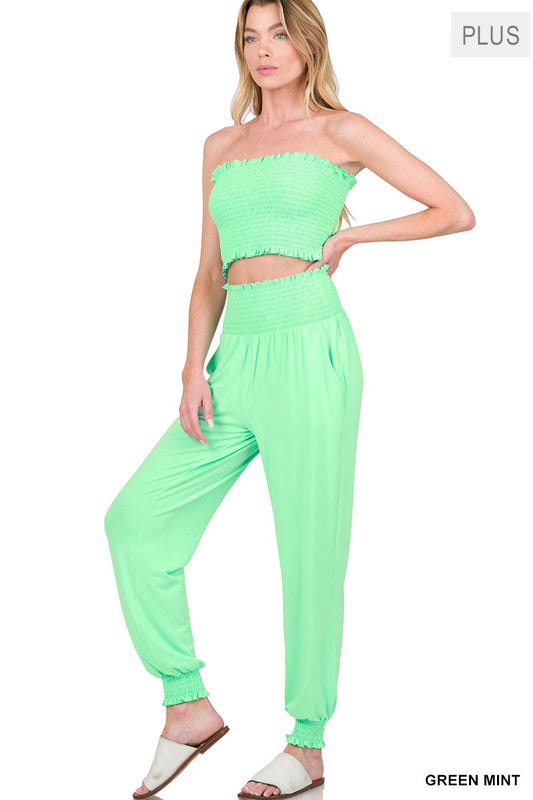 PLUS SMOCKED TUBE TOP & JOGGER PANTS Green Mint