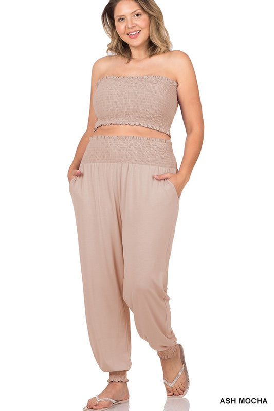 PLUS SMOCKED TUBE TOP & JOGGER PANTS ASH MOCHA