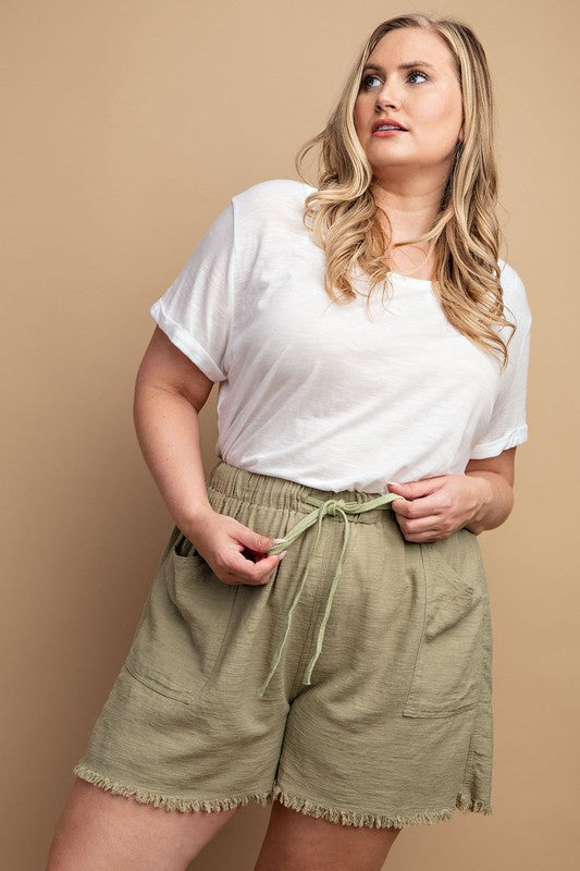 Shorts Sage  .  Drawstring Waist Frayed Hem Shorts Sage.