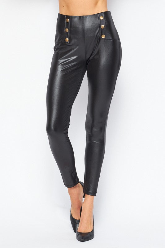 Leggings  .  Vegan Leather Skinny High Waist 6 Button Leggings BLACK