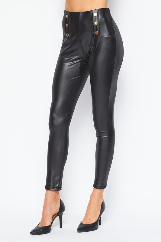 Leggings  .  Vegan Leather Skinny High Waist 6 Button Leggings BLACK