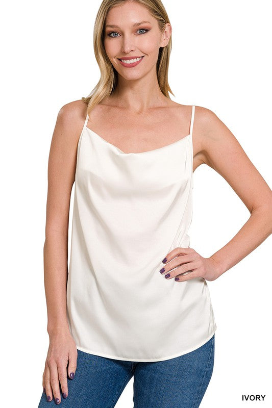 TOP  .  SATIN CHARMEUSE COWL NECK CAMI TOP IVORY