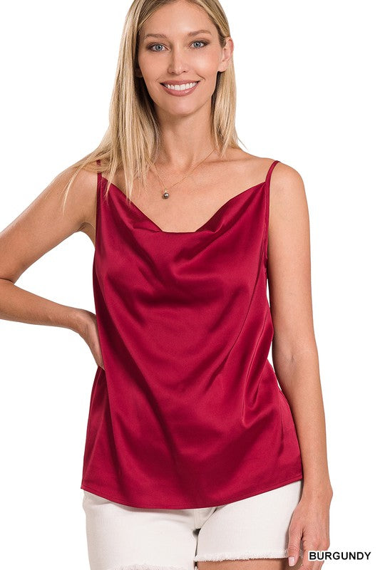 TOP  .  SATIN CHARMEUSE COWL NECK CAMI TOP BURGUNDY