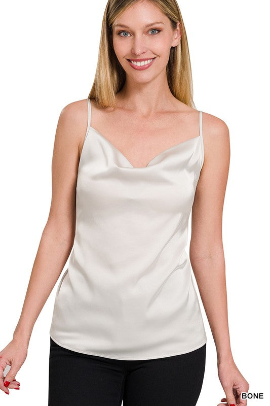 TOP  .  SATIN CHARMEUSE COWL NECK CAMI TOP BONE