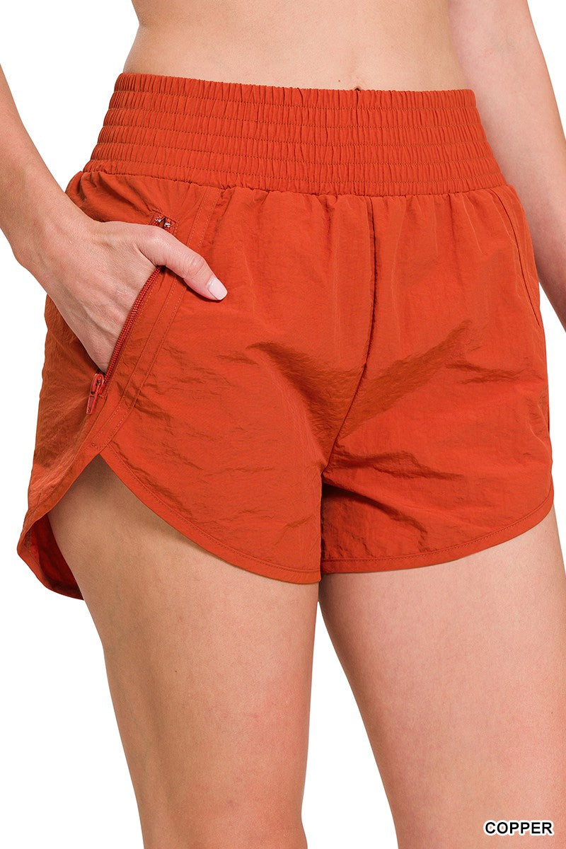 SHORTS  Copper . WINDBREAKER SMOCKED WAISTBAND RUNNING SHORTS Copper