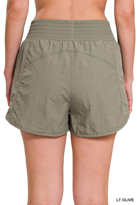 SHORTS  Lt Olive . WINDBREAKER SMOCKED WAISTBAND RUNNING SHORTS Lt Olive