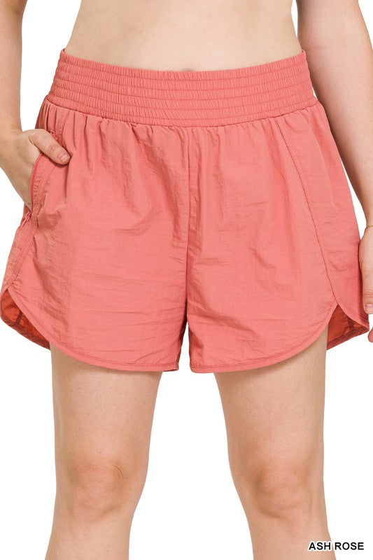 SHORTS ASH ROSE .  PLUS WINDBREAKER SMOCKED WAISTBAND RUNNING SHORTS ASH ROSE