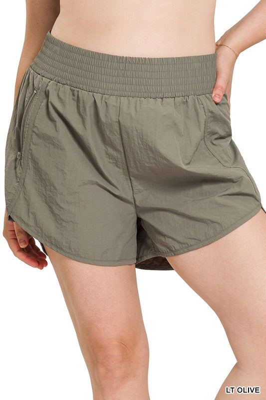 SHORTS Lt Olive.  PLUS WINDBREAKER SMOCKED WAISTBAND RUNNING SHORTS Lt Olive