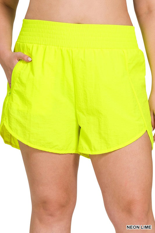 SHORTS Neon Lime.  PLUS WINDBREAKER SMOCKED WAISTBAND RUNNING SHORTS Neon Lime