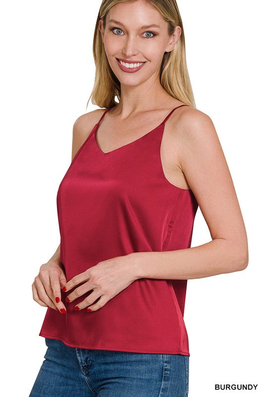 TOP  .  SATIN CHARMEUSE V-NECK CAMI TOP BURGUNDY