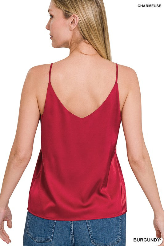 TOP  .  SATIN CHARMEUSE V-NECK CAMI TOP BURGUNDY