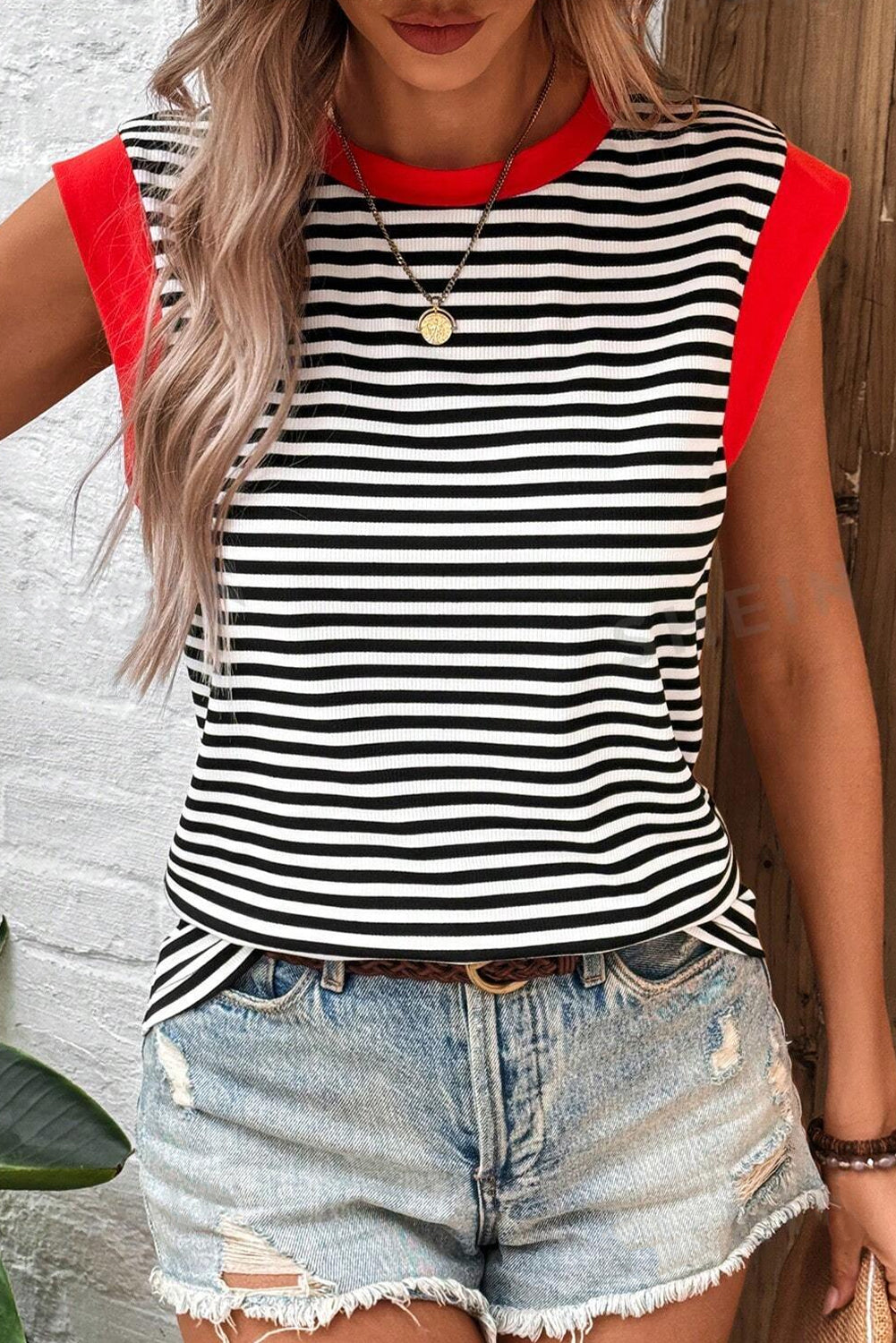 Tank Top  .  Black Stripe Colorblock Edge Round Neck Tank Top