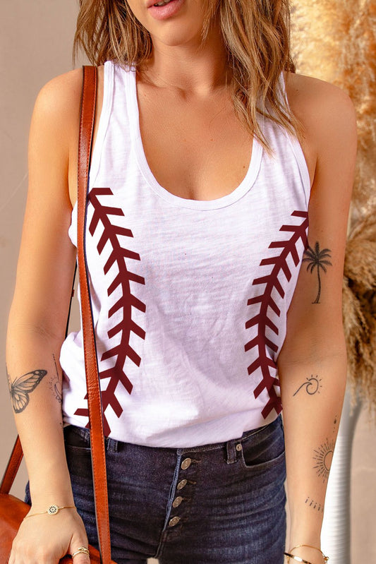 Tank Top  .  White Casual Baseball Print Graphic