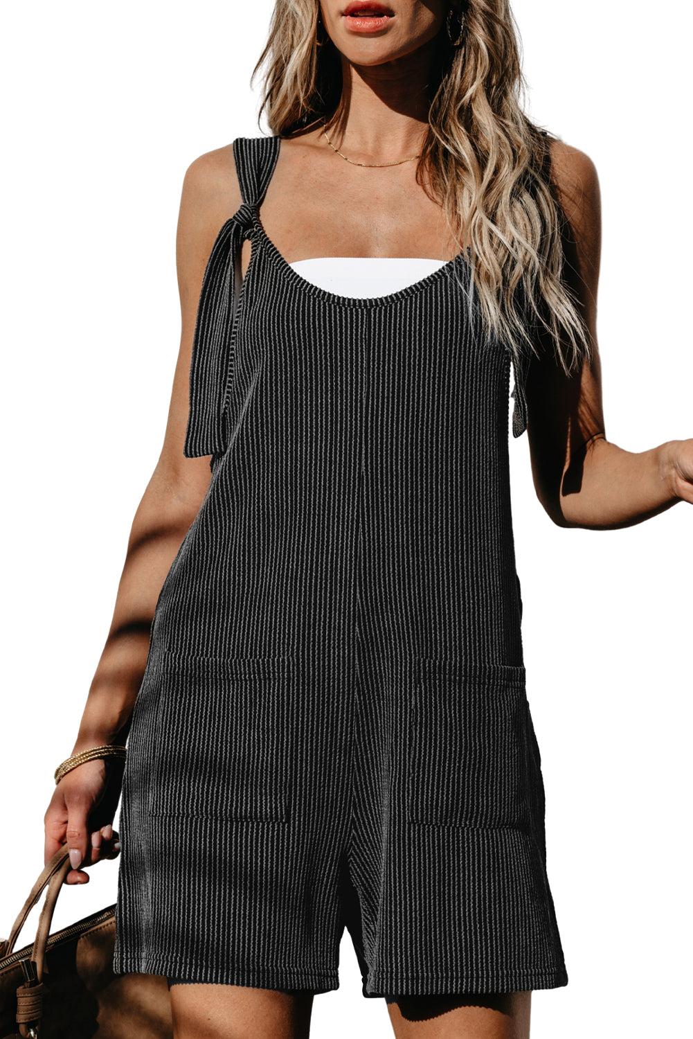 Pocketed Romper  .  Dark Grey Striped Print Knotted Straps