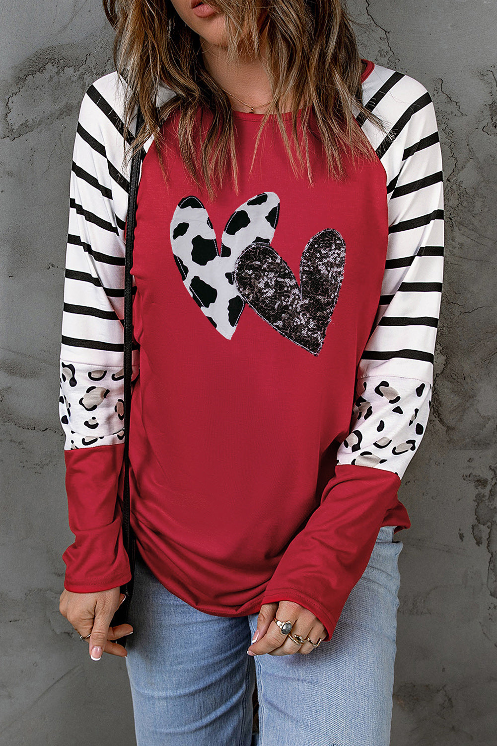 Top  .  Red Double Heart Patch Contrast Long Sleeve Top