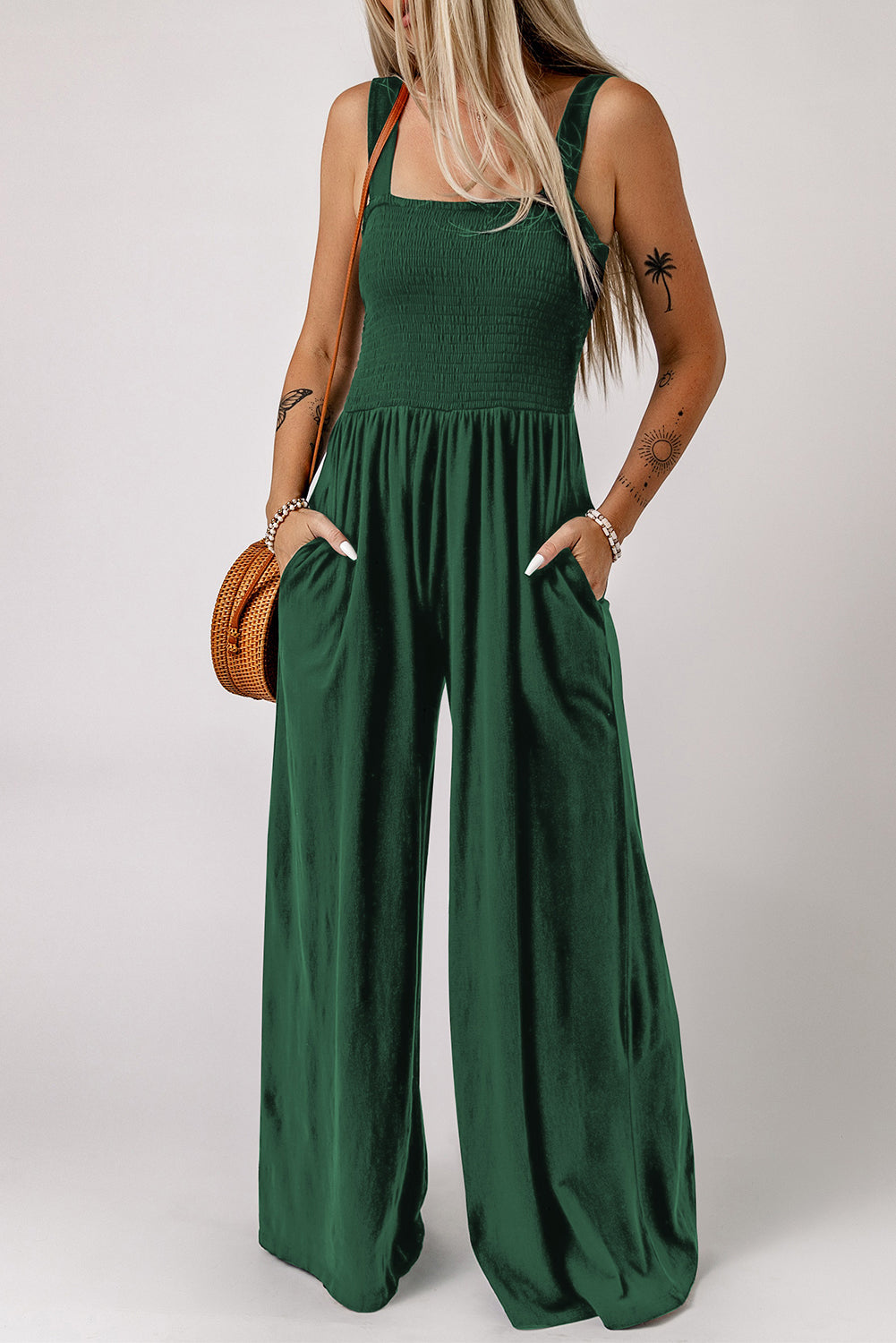 Jumpsuit with Pockets  .  Green Smocked Sleeveless Wide Leg