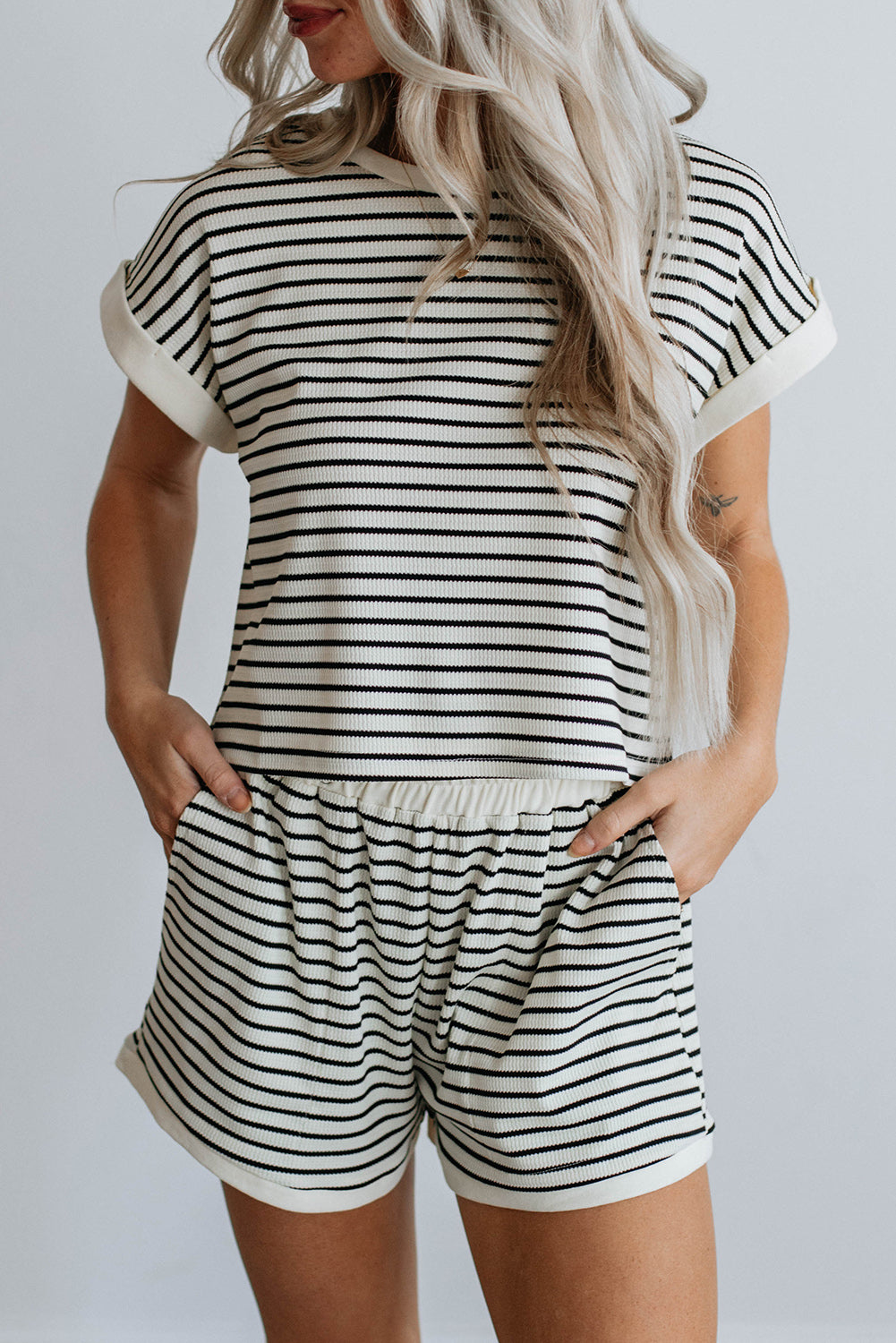 Set  Tee and Shorts Set  .  White Stripe Contrast Edge Tee and Shorts Set