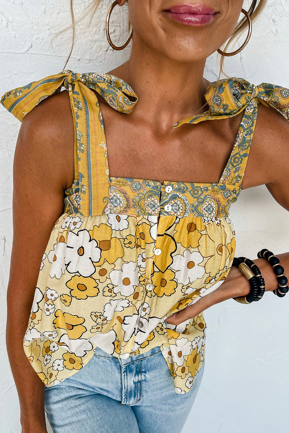 Buttoned Tank Top  .  Yellow Floral Patchwork Tied Straps