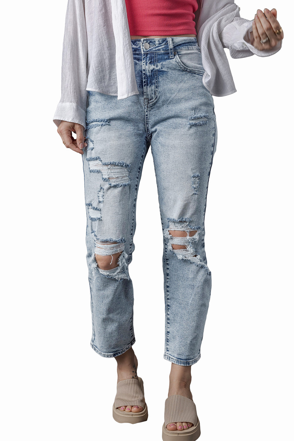 Slim Fit High Waist Jeans  ,  Sky Blue Light Wash Frayed