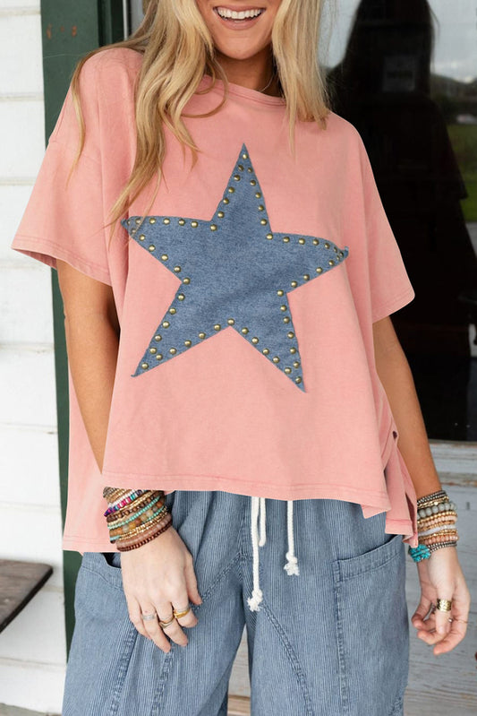 Tee  .  Apricot Pink Mineral Wash Studded Star Patch Graphic High Low Tee