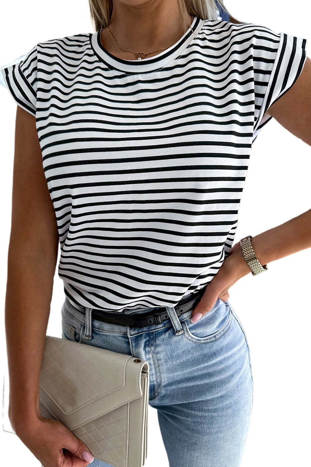 T Shirt  .  Striped Rolled Cap Sleeve Round Neck T Shirt