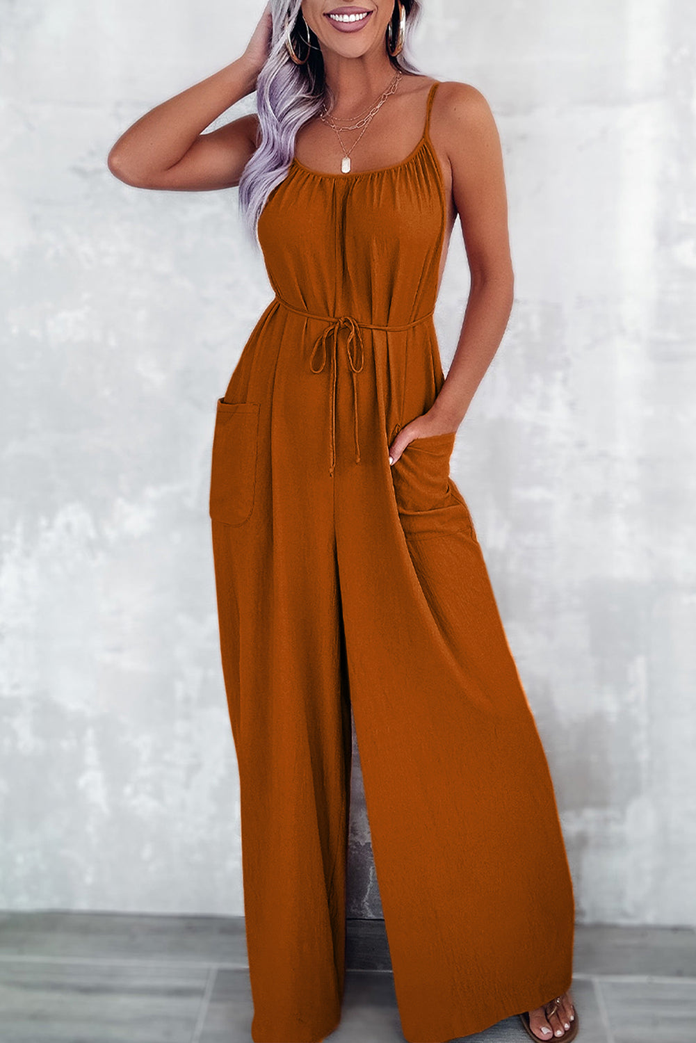 Jumpsuit   .  Chestnut Spaghetti Straps Waist Tie Wide Leg Jumpsuit with Pockets