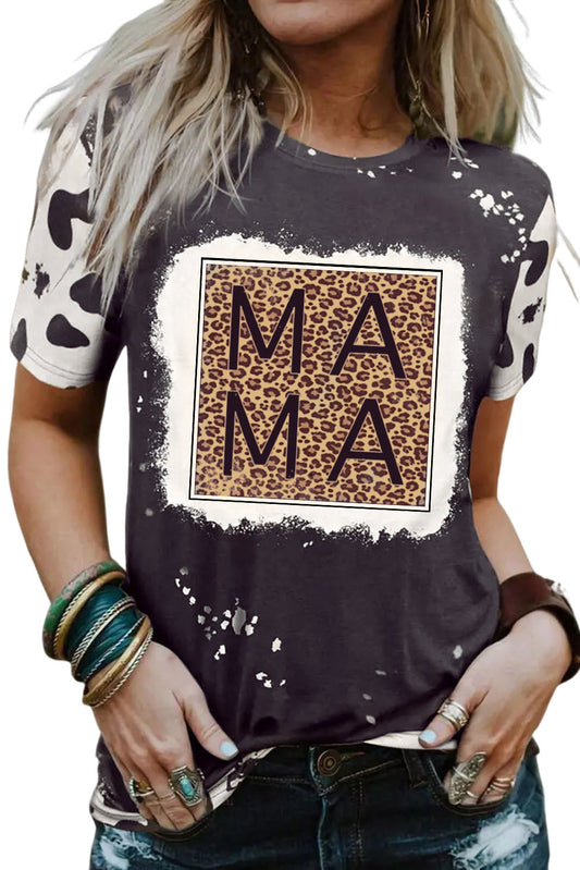 Tees  .  Black Leopard MAMA Graphic Tie Dye Casual Tee