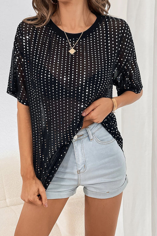 T-shirt  .  Black Sequin Drop Shoulder Sheer T-shirt