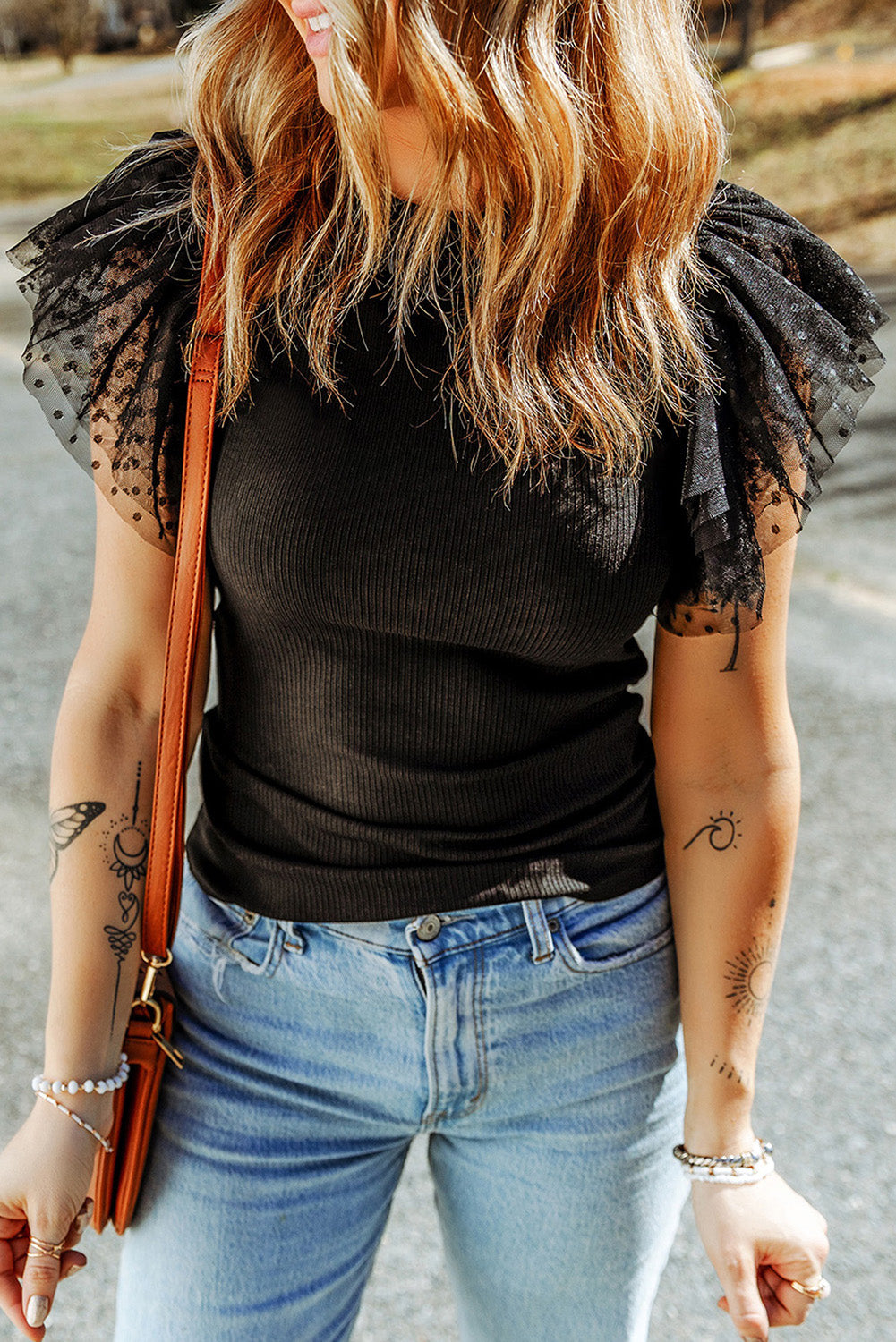 Top  .  Black Dotty Mesh Ruffle Sleeve Ribbed Knit Top