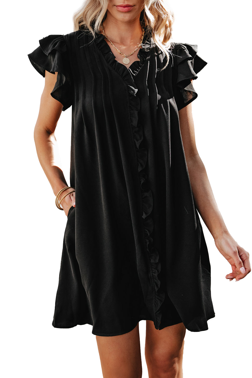 Frilled Shift Dress  .  Black Ruffle Sleeve V Neck