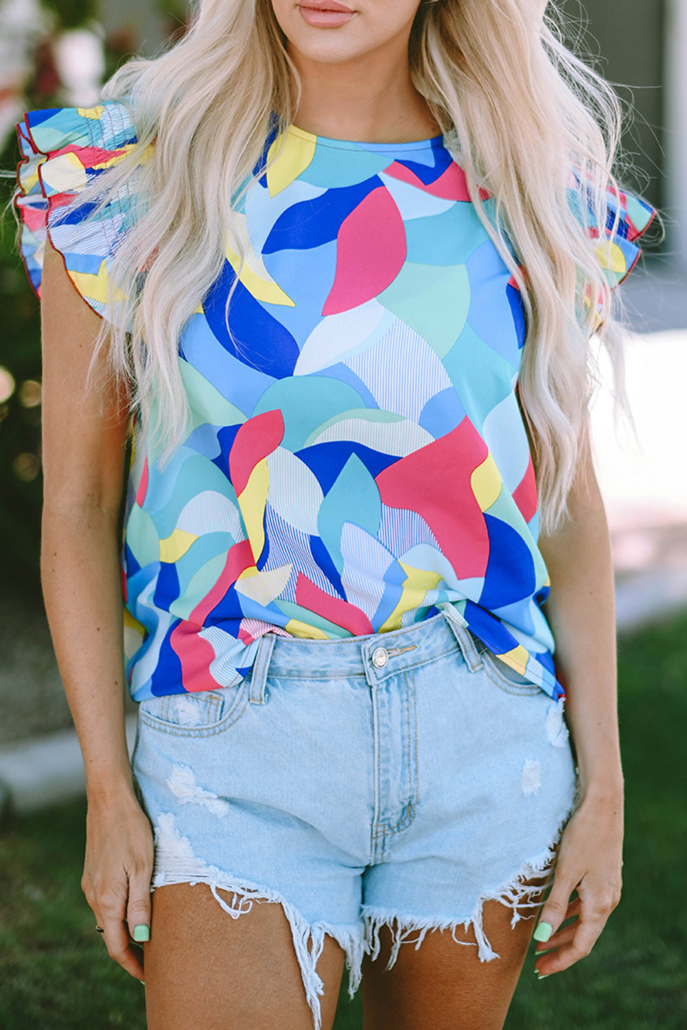 Sleeve Blouse  .  Multicolor Abstract Print Stitching Ruffle