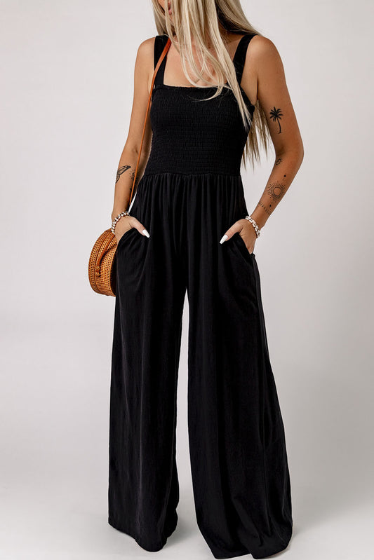 Jumpsuit with Pockets  .  Black Smocked Sleeveless Wide Leg