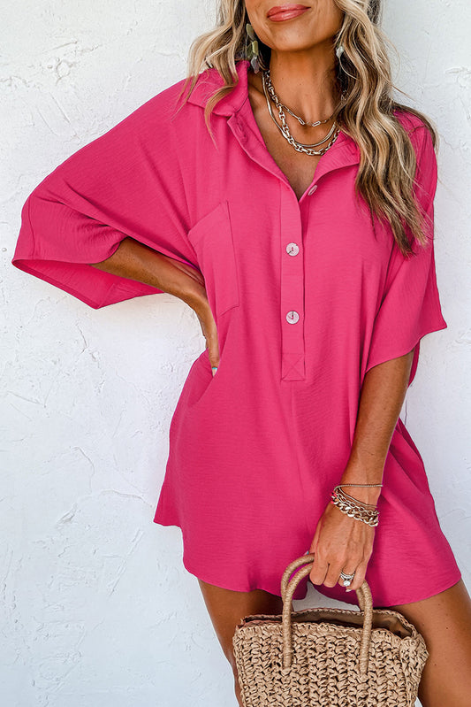 Loose Romper  .  Bright Pink Half Button Collared