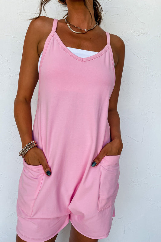 Jersey Romper  .  Pink Sleeveless Pocketed V Neck