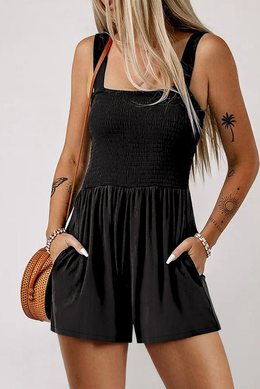 Sleeveless Romper  .  Black Casual Pocketed Smocked