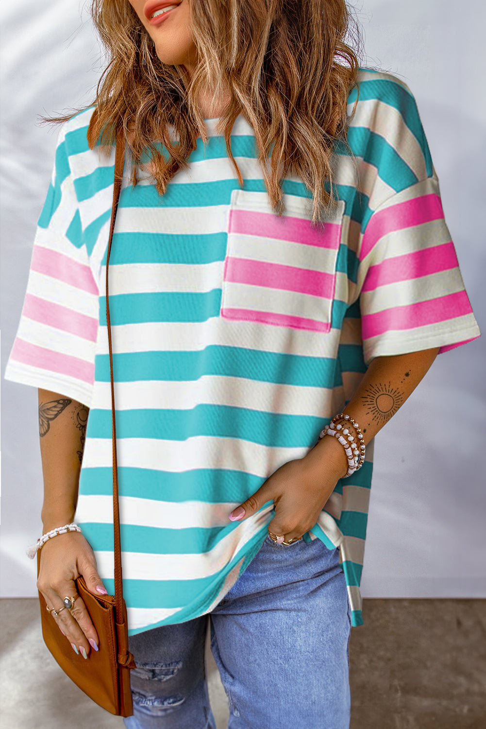 T Shirt  .  Blue Stripe Contrast Patch Pocket Drop Sleeve T Shirt