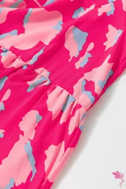 Dress  .  Pink Abstract Printed Puff Short Sleeve Tiered Loose Dress