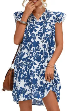 Mini Dress  .  Sail Blue Floral Ruffled Cap Sleeve Tied Neck Mini Dress