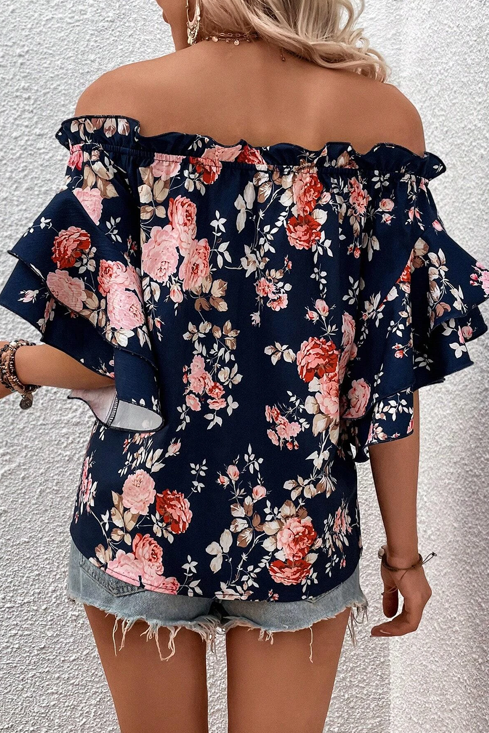 Blouse  .  Blue Ruffle Off Shoulder Flounce Sleeve Floral