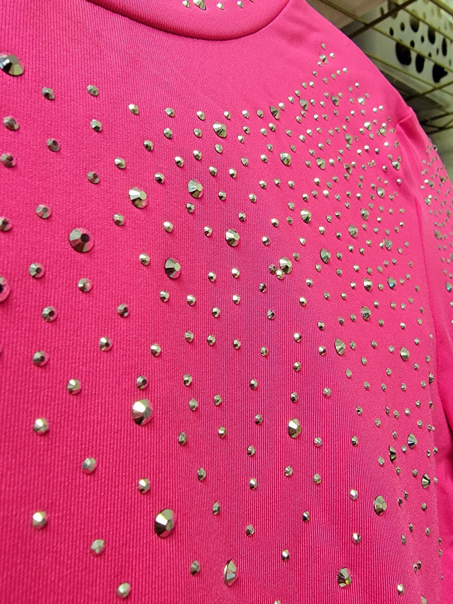 Pink rhinestone O neck long sleeve bodysuit