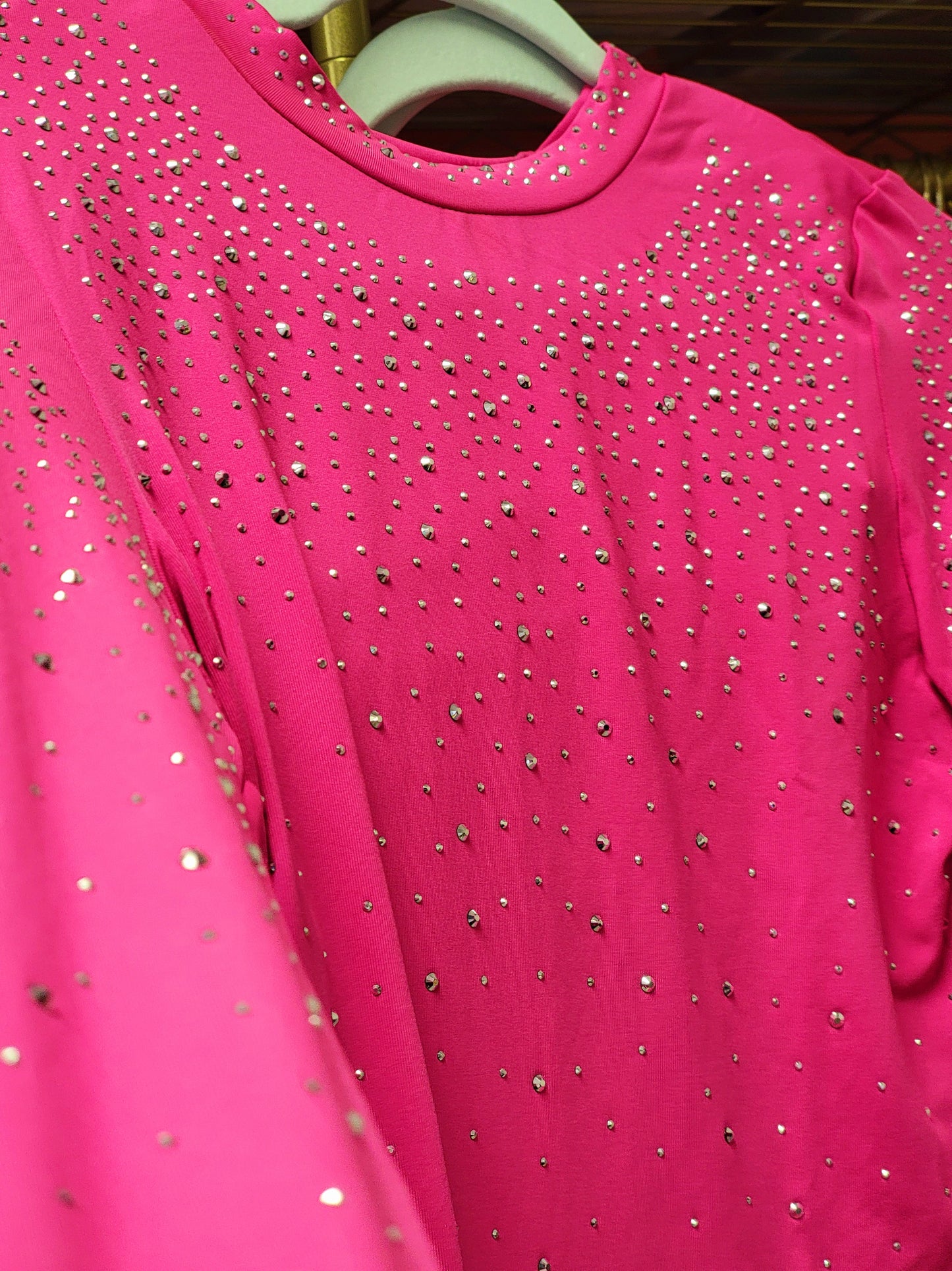 Pink rhinestone O neck long sleeve bodysuit