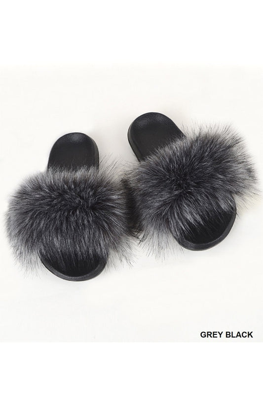 SINGLE BAND FURRY SLIPPERS SLIDES - S/M GREY BLACK