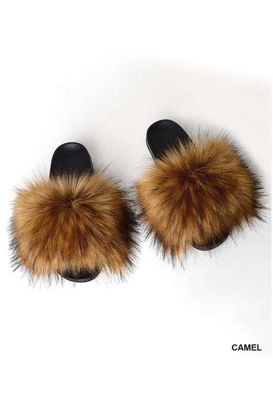 SINGLE BAND FURRY SLIPPERS SLIDES - S/M CAMEL