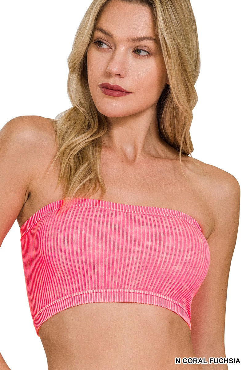 TUBE TOP N Coral Fuchsia.  WASHED RIBBED SEAMLESS TUBE TOP N Coral Fuchsia.