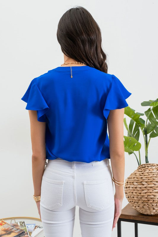 TOP Royal Blue  .  SOLID FLUTTER SLEEVE WOVEN TOP Royal Blue