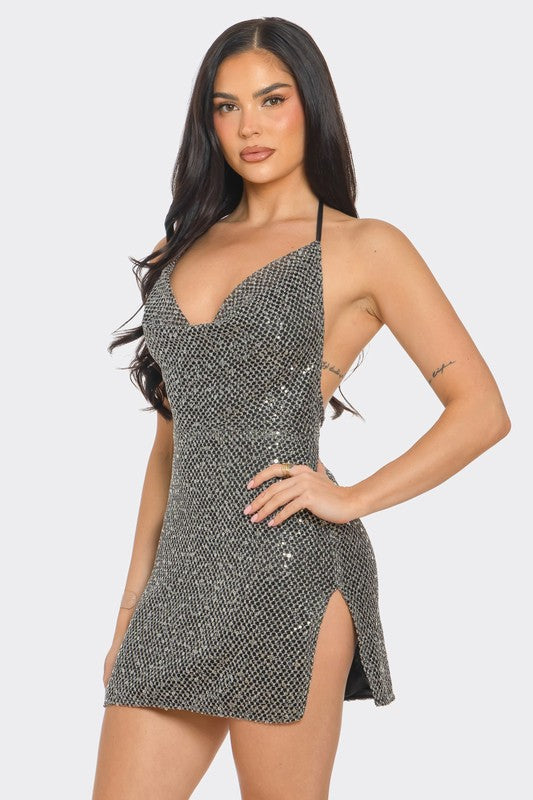 MINI DRESS  .  OPEN BACK FISHNET SEQUIN MINI DRESS W/ SIDE SLIT  Pink