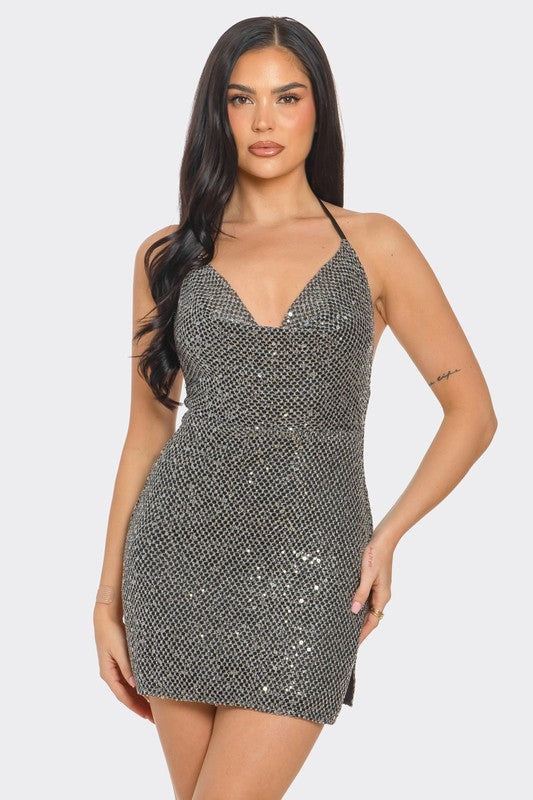 MINI DRESS  .  OPEN BACK FISHNET SEQUIN MINI DRESS W/ SIDE SLIT  Black